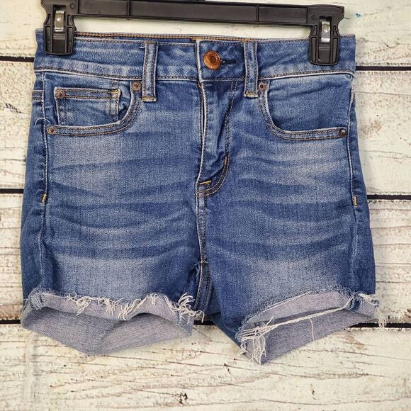 American Eagle Next Level Stretch Denim Shorts Women’s Size 00 Distressed Cuffed - Picture 1 of 7